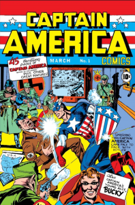 The comic book cover of the very first 'Captain America' comic. Captain America punch Adolf Hitler and they are surrounded by soldiers.