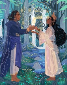 An image of two characters from Lord of the Rings, Beren and Lúthien, drawn with brown skin instead of white. 