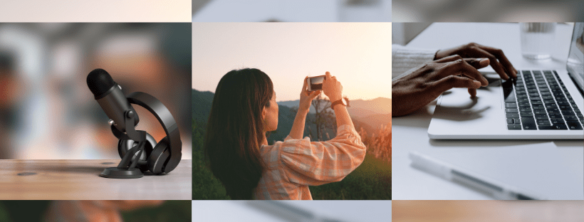 Image banner featuring three different images: a microphone, a woman taking a picture with her smartphone, and a person typing on their laptop