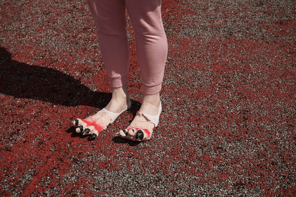 The hooves of the ‘BP Pigs’ costume, made using aluminium foil, masking tape, socks, and paint.