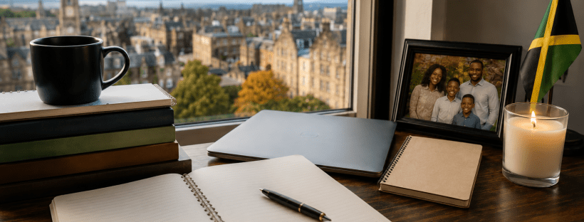 A woman studying alone at a desk near a window, with books, a laptop, and soft light around her, symbolising the loneliness, sacrifice, and hope of an international PhD journey away from family.