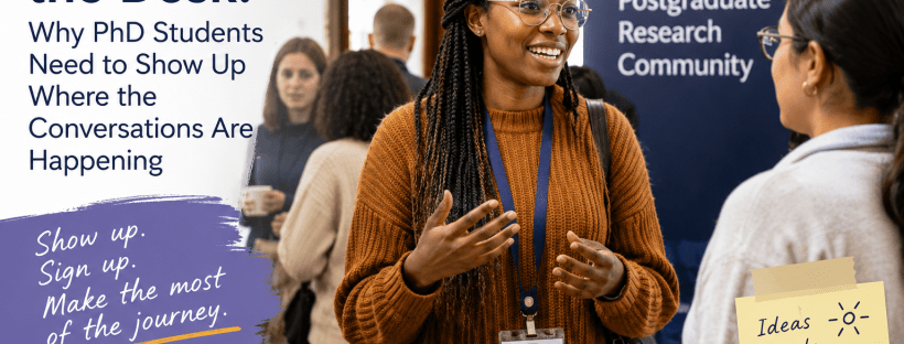 A postgraduate student speaks with another attendee at a university networking event, with text highlighting the importance of showing up, making connections, and building community during the PhD journey.