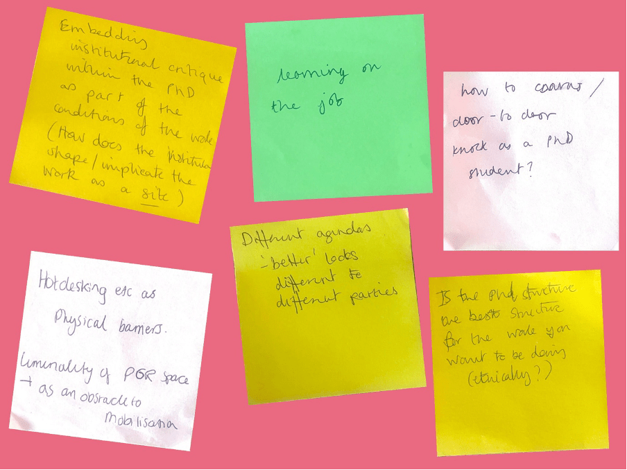 Workshop notes on coloured sticky notes reflecting on institutional critique, hot-desking, learning on the job, organising, and mobilisation as PhD students.