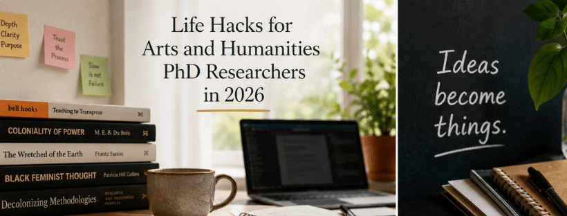 image with words 'life hacks for Arts & Humanities PhD researchers in 2026' with a stack of books to the side and another worded image that states "ideas become things"