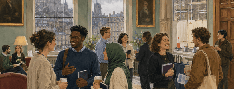 Postgraduate students chatting over coffee in a historic university hall during a summer school event, with rainy Edinburgh visible through the windows.