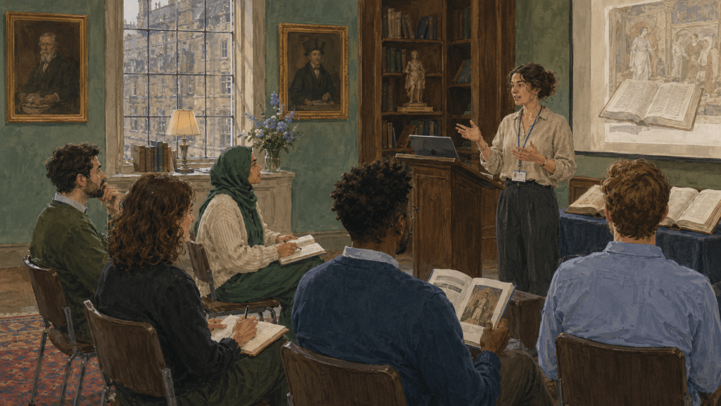 A postgraduate researcher presenting a paper to a small audience of students taking notes in a historic university seminar room.