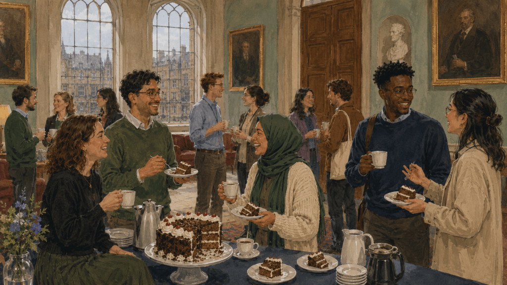 Postgraduate students enjoying coffee, conversation, and slices of Black Forest cake during a university summer school refreshment break.