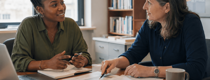 A PhD student discussing research documents with her supervisor during a university meeting.