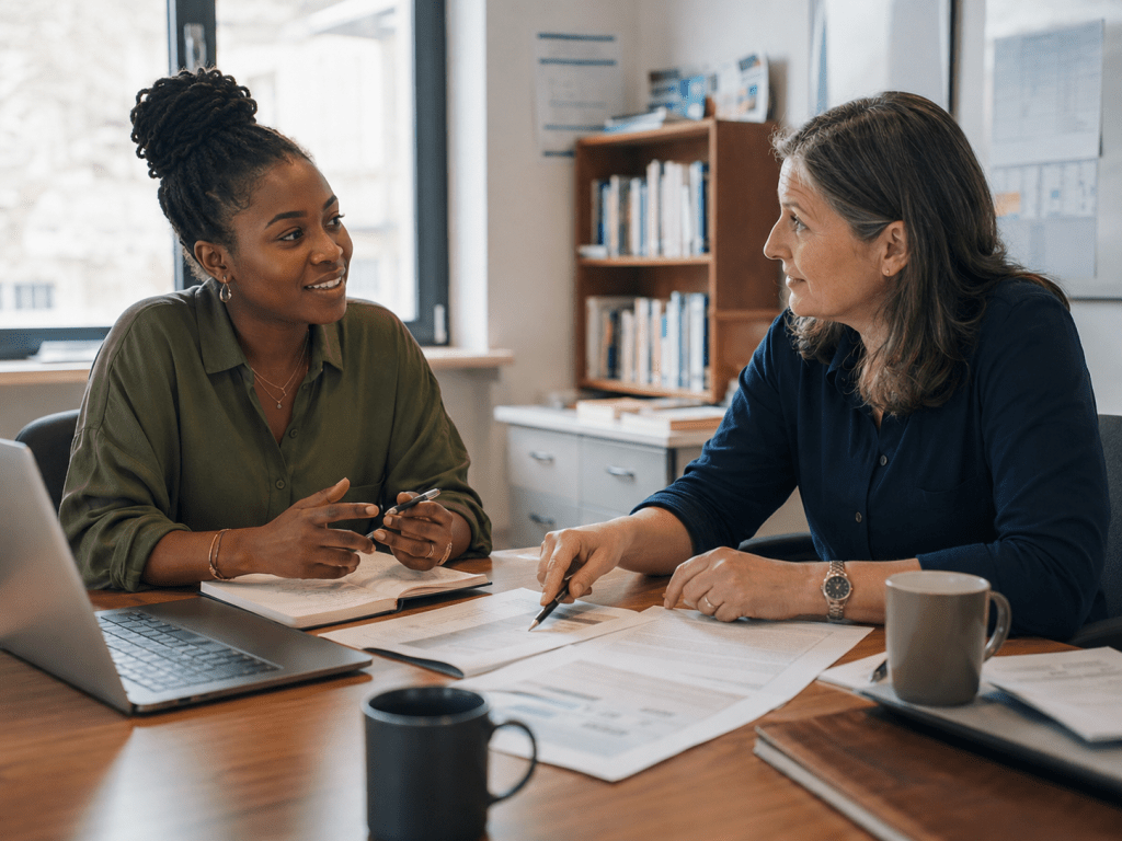 A PhD student discussing research documents with her supervisor during a university meeting.
