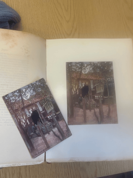 Photo showing a picture postcard and a colour plate from Menpes’ illustrated book. Both are iterations of the painting Flower of the Tea.